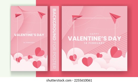 valentine's day poster background with papper cut style plane, cloud and love, good for poster, flyer, greeting card