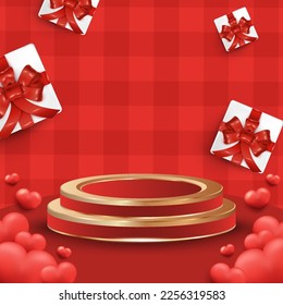 Valentines Day Poster Background with Realistic Heart and Podium