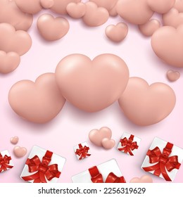 Valentines Day Poster Background with Realistic Heart and Gift Box