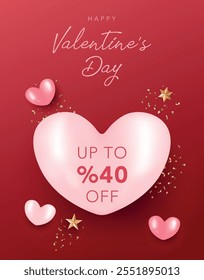 Valentine's Day poster background with realistic pink and white hearts, stars and confetti . 3d vector illustration for greeting card, coupon, voucher, discount, promotion, sale, website, social media
