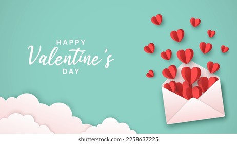Valentine's Day poster banner background. Open envelope with decorative papercut flying love hearts. Creative vector design for Women's, Mother's, Valentine's Day and Birthday greeting card template