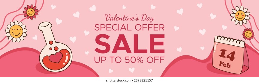 Valentine's day poster. Valentine's day banner. Happy Valentine's day. Romantic pattern. Post, social media template. Special offer, sale up to 50 % off