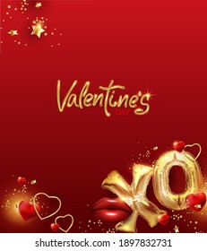 Valentine's Day poster or banner with lots of hearts and realistic gold metal text lettering XO on red background.Promotion and shopping template or background for love and concept for holiday.