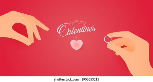 Valentine's day poster or banner with a man holds a ring in his hand to wear it to a woman on pink background. Promotion and shopping template or love and valentine's day. Vector Illustration.