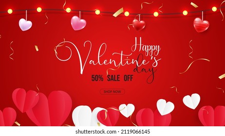 Valentine's day Poster or banner with the paper heart on a red background. Valentine's day sale promotion shopping template.