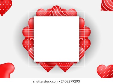 Valentine's day poster banner . Romantic background with realistic design elements, 3d red hearts with white square frame