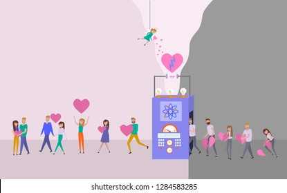 Valentine's day poster, banner, Sale poster with factory create love and small people with broken hearts and lovers on the other side. Editable vector illustration