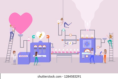 Valentine's day poster, banner, Sale poster with factory create love and small people around them. Editable vector illustration