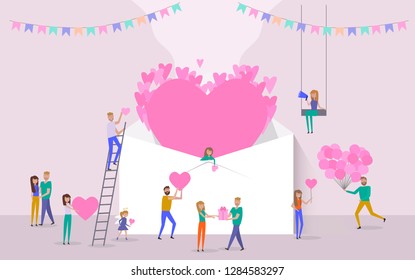 Valentine's day poster, banner, Sale poster with  large letter with big heart and small people around them. Editable vector illustration 