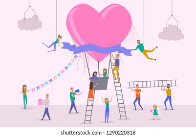 Valentine's day poster, banner, Sale poster with large air balloon with hearts and small people around them. Editable vector illustration 