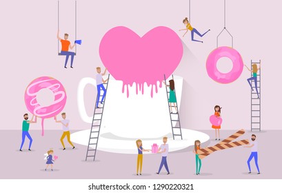Valentine's day poster, banner, Sale poster with big cup with heart, candy and small people around them. Editable vector illustration 
