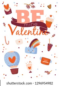 Valentines Day poster and banner. Scandinavian cute Love illustration in vector. Happy Valentines Day elements and holiday typography good for winter sale stickers, labels, tags, cards, posters