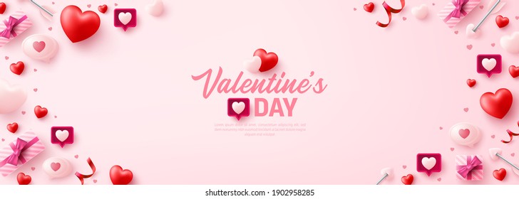 Valentine's Day Poster Or Banner For Social Media Website With Sweet Hearts And Valentine Elements On Pink Background.Promotion And Shopping Template For Love And Valentine's Day In Flat Lay Style.