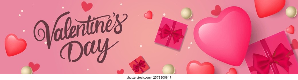 Valentine's Day Poster or banner with sweet hearts and gift boxes on pink background. Promotion and shopping template or background for Love and Valentine's day concept. Vector illustration