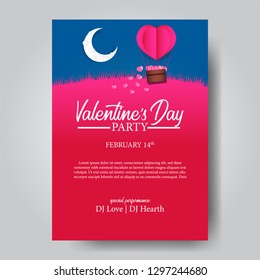 Valentine's day poster banner template with hearth shape balloon air origami paper craft style. Vector illustration.