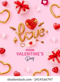 Afiche del día de San Valentín y plantilla de pancarta con letras de amor dorado y caja de regalo con forma de corazón. Vector de afiche o pancarta del día de San Valentín. Saludos y regalos para el amor o concepto de San Valentín.