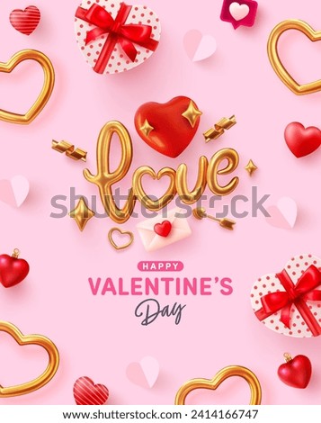 Valentine's day poster and banner template with Golden Love lettering and Heart Shaped Gift Box.Vector of Valentine's day poster or banner.Greetings and presents for love or Valentine concept.