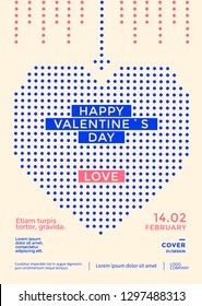 Valentines day poster with blue stylized heart of dots. Vector illustration