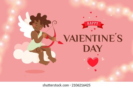 Valentine's day poster or card with a cute dark-skinned Cupid who is sitting on a pink cloud and aiming a bow at the heart.