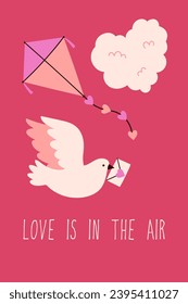 Valentine's day poster or card with dove, cloud and flying kite. Vector graphics.