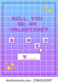 Valentine's day poster or card in game style with retro buttons. Old computer aesthetics from the 2000s