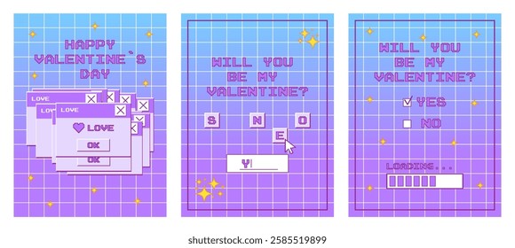 Valentine's Day poster or card in game style with retro buttons. Old computer aesthetics from 90s, 00s