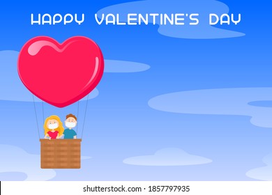 Valentines Day poster. Couple in masks flying in heart shaped hot air balloon. Vector illustration.
