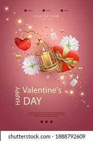 Valentine's day poster. Creative composition with a cage, candle, flowers and gifts. 3d illustration
