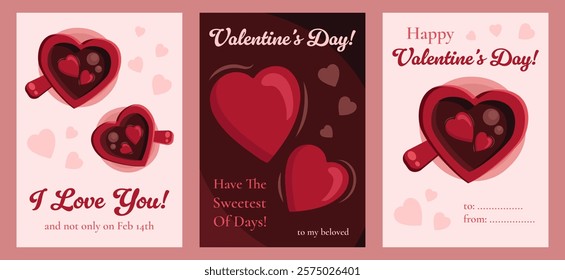 Valentine's Day poster with cups in a heart shapes with hot chocolate and sweet red heart-sweets, text greetings and heart decorations. Vector graphic set, illustration.