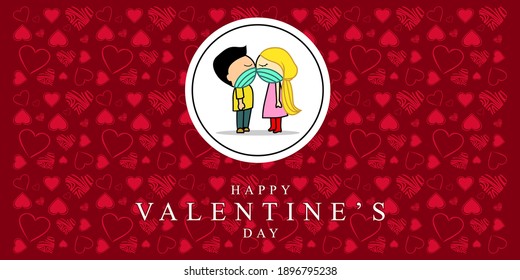 valentines day poster, cute character wearing mask, vector illustration of a couple in love. invitations, posters, banners. vector eps