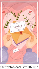 Valentines day poster. Cute greeting card with hands opening envelope with romantic love letter. Cover with hearts and blooming flowers. Celebration of February 14. Cartoon flat vector illustration