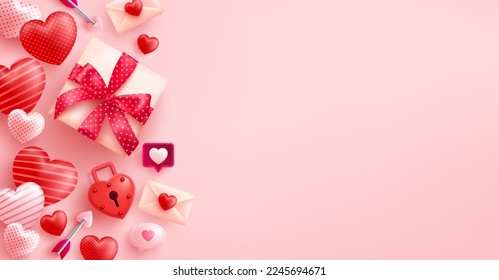 Valentine's Day Poster with cute heart and Valentines day gift box on pink background. Promotion and shopping template for love and Valentine's day concept.