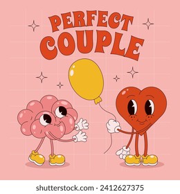 Valentine's day poster with cute heart and brain. Trendy retro 60s 70s cartoon style