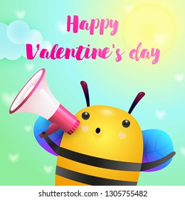 Valentines day poster design. Cute bee shouting with megaphone on colorful background. Illustration can be used for banners, flyer, greeting cards
