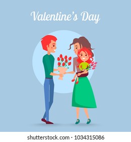 Valentines Day poster with father who presents bouquet of roses to wife and litle daughter who holds tulips vector illustration.