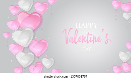 Valentines Day poster with flying bunch of pink and gray heart shaped balloons. Happy Valentine's Day text located on gray background. 14th February feast. 