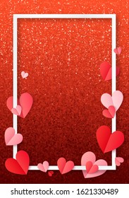 Valentines day poster frame template with folded paper hearts and red glitter background, vector illustration mockup