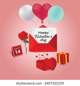  Valentine's day poster .Gift boxes with love and rose , paper art style.