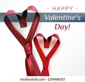 Valentine's day poster greeting card design with heart shaped tie. Men's red necktie formal love concept.