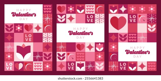 Valentine's Day poster, greeting card, and template set with modern designs featuring hearts, flowers, and typography. Ideal for celebrations, ads, branding, and promotional materials.