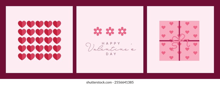 Valentine's Day poster, greeting card, and template set with modern designs featuring hearts, flowers, and typography. Ideal for celebrations, ads, branding, and promotional materials.