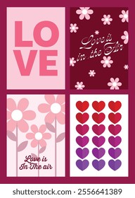 Valentine's Day poster, greeting card, and template set with modern designs featuring hearts, flowers, and typography. Ideal for celebrations, ads, branding, and promotional materials.