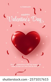 Valentine's Day Poster Greeting Card Background With Shiny Heart And Confetti. Vector Illustration.