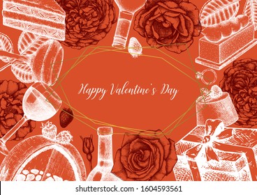 Valentine's day poster, greetings card or invitation design. With hand drawn sweets, roses and wine illustrations. Valentine's day flyers, brochure, banner vector template. Engraved style.