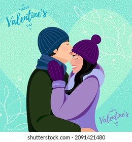 Valentine's Day poster. Guy kisses girl on her forehead. Relationship vector illustration, couple on a walk in winter. lovers 