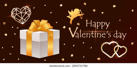 Valentines Day poster. Happy holiday, special offer, discount, gift to customers. Romantic realistic composition, backdrop, cupid, love. Volmetric vector illustration isolated on dark background
