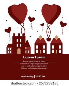 Valentine's day poster with hearts background and home decoration. Red and pink hearts. Love and romance. Romantic holiday and festival February 14. Flyers and booklets. Flat vector illustration