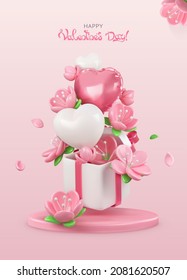 Valentines day poster. Hearts and flowers. 3d vector render illustration