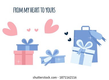 Valentine's day poster with hearts and gift boxes in blue color flat style.Postcard with winter holidays.Vector template for certificate,sale coupon,website banner.From my soul to yours.