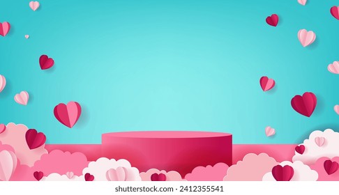 Valentines Day Poster With Hearts And Podium 
With Gradient Mesh, Vector Illustration